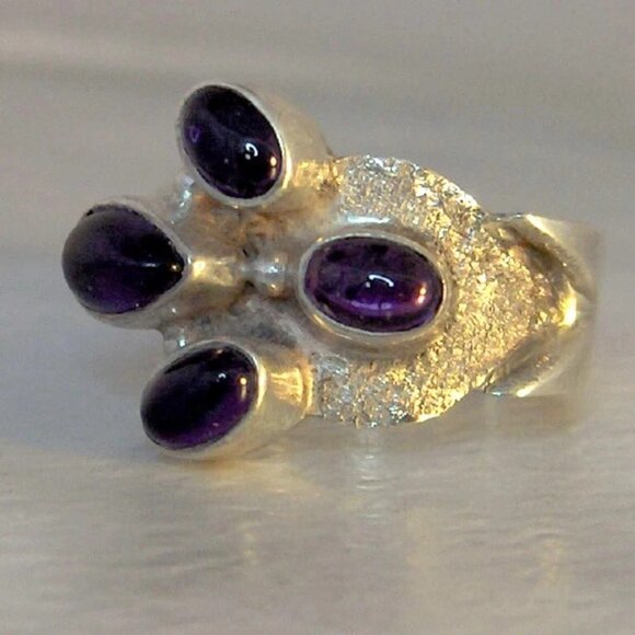 Vintage Sterling Silver Amethyst Ring Size 8 Modernist Brutalist Statement - Picture 2 of 6